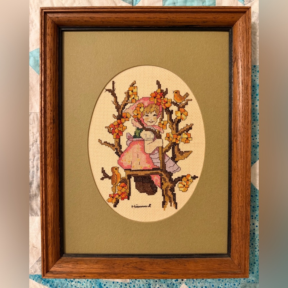 Hummel Vintage Cross Stitch, Framed & Matted: Girl in a Tree with Birds, NWOT